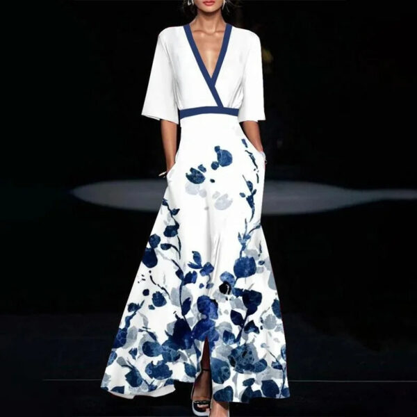 Summer Split A-Line Dress for Women | V-Neck Floral Print Long Dress - Image 2