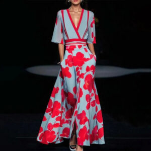 Summer Split A-Line Dress for Women | V-Neck Floral Print Long Dress