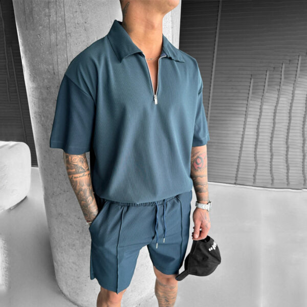 Men's Summer Zipper Polo Shirt and Drawstring Shorts Set | Casual Two-Piece Outfit - Image 4