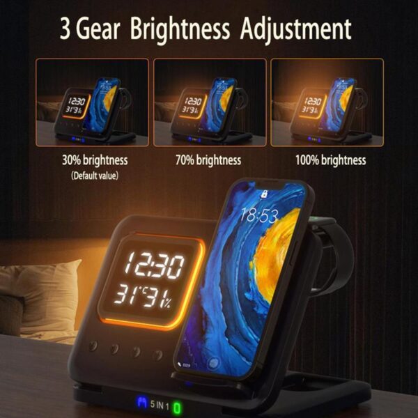 5-in-1 15W Wireless Charging Station with LED Digital Alarm Clock – Fast Charger Dock for Phone, Watch, Earbuds, Temperature & Humidity Display - Image 7