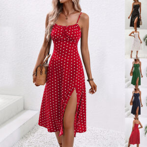 Women's Polka Dot Suspender Maxi Dress | Summer Split Long Dress for Parties & Beachwear