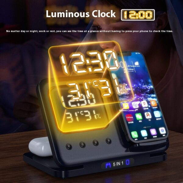 5-in-1 15W Wireless Charging Station with LED Digital Alarm Clock – Fast Charger Dock for Phone, Watch, Earbuds, Temperature & Humidity Display - Image 2