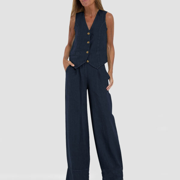 Women's Summer V-Neck Sleeveless Vest and Loose Straight Trousers Set | Casual Two-Piece Outfit - Image 2