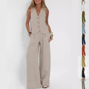 Women's Summer V-Neck Sleeveless Vest and Loose Straight Trousers Set | Casual Two-Piece Outfit