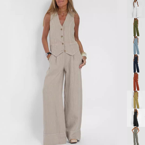 Women's Summer V-Neck Sleeveless Vest and Loose Straight Trousers Set | Casual Two-Piece Outfit