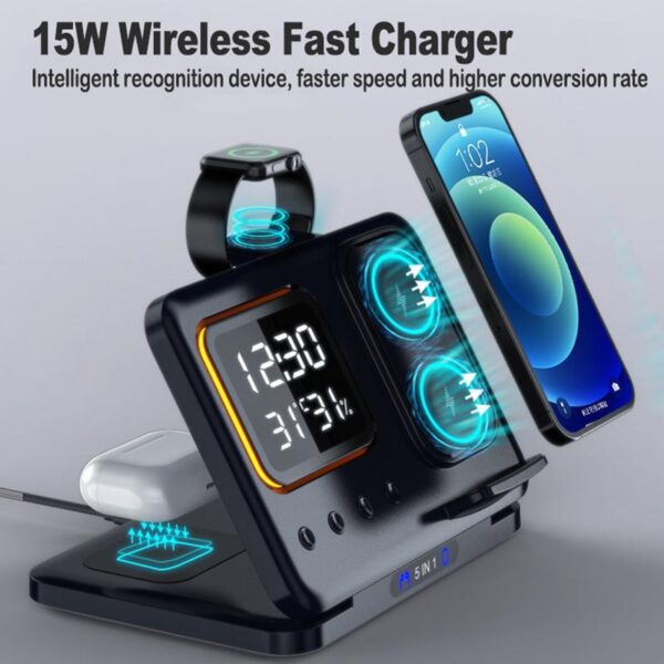 5-in-1 15W Wireless Charging Station with LED Digital Alarm Clock – Fast Charger Dock for Phone, Watch, Earbuds, Temperature & Humidity Display - Image 3