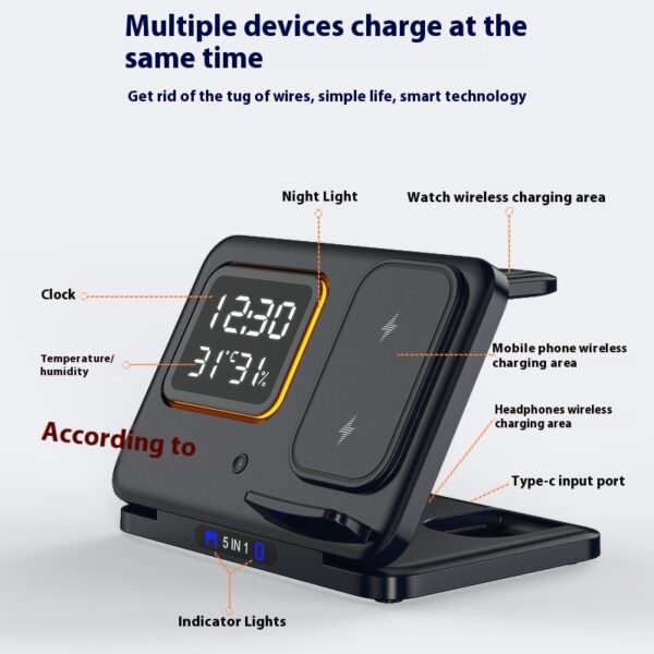 5-in-1 15W Wireless Charging Station with LED Digital Alarm Clock – Fast Charger Dock for Phone, Watch, Earbuds, Temperature & Humidity Display - Image 6