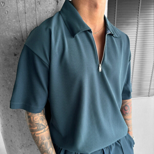 Men's Summer Zipper Polo Shirt and Drawstring Shorts Set | Casual Two-Piece Outfit - Image 2