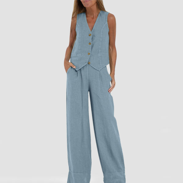 Women's Summer V-Neck Sleeveless Vest and Loose Straight Trousers Set | Casual Two-Piece Outfit - Image 5