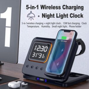 5-in-1 15W Wireless Charging Station with LED Digital Alarm Clock – Fast Charger Dock for Phone, Watch, Earbuds, Temperature & Humidity Display