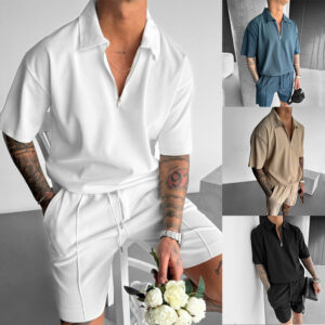 Men's Summer Zipper Polo Shirt and Drawstring Shorts Set | Casual Two-Piece Outfit