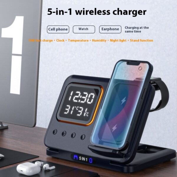 5-in-1 15W Wireless Charging Station with LED Digital Alarm Clock – Fast Charger Dock for Phone, Watch, Earbuds, Temperature & Humidity Display - Image 9