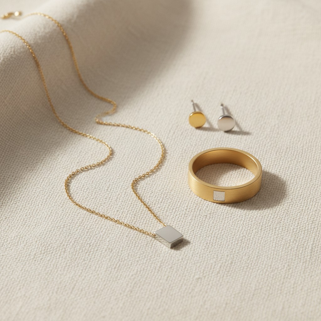 Minimalist gold jewelry pieces including a necklace, ring, and earrings displayed together