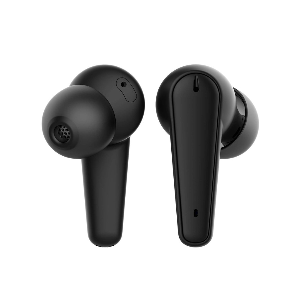 A pair of white wireless earbuds next to their charging case (hearing aid) (airpods pro 2)