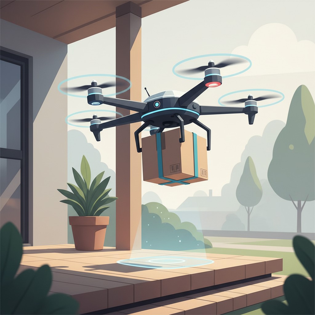 A small delivery drone descending toward a suburban front porch