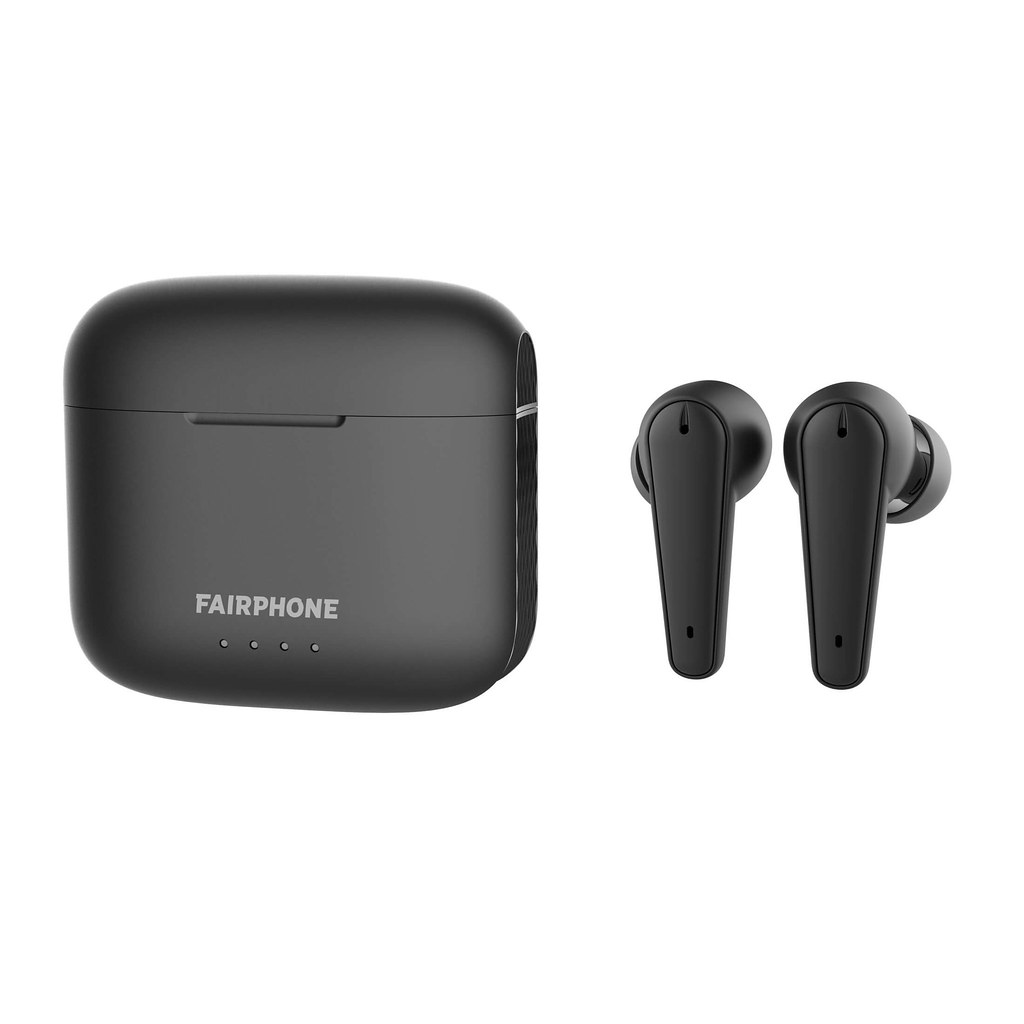 A pair of wireless earbuds sitting open in their charging case