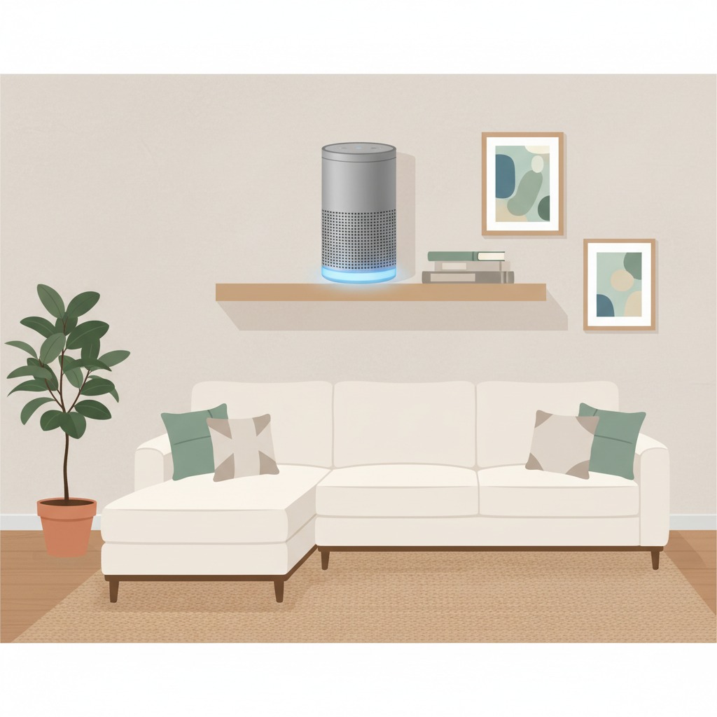 A smart speaker on a shelf in a home, representing voice assistant technology