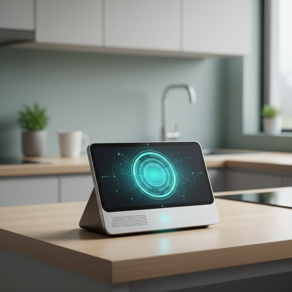 A smart home hub device with a display on a kitchen counter