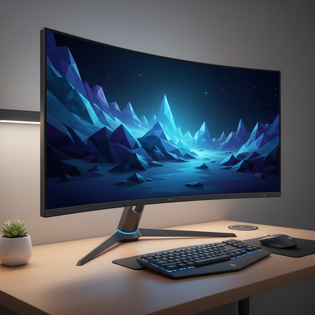 A curved gaming monitor on a desk setup