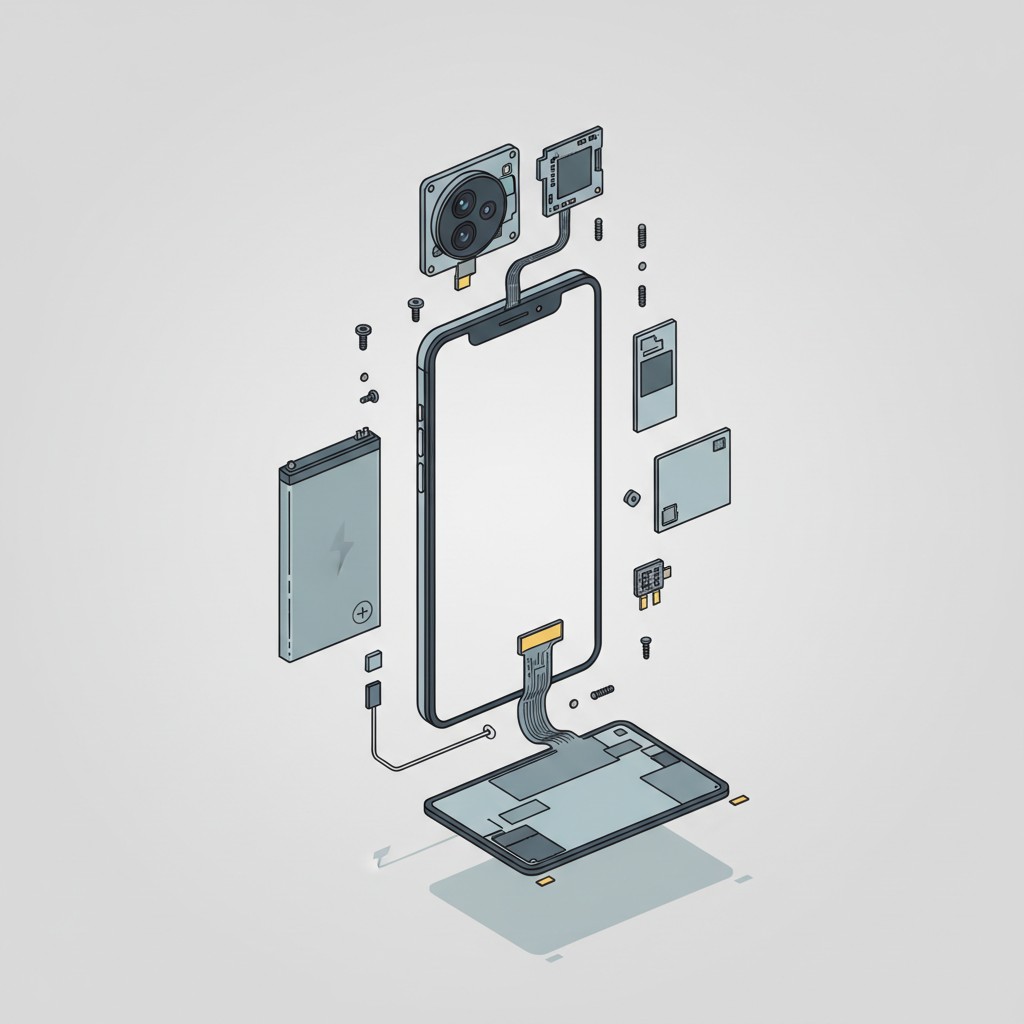 A smartphone shown partially disassembled with its replaceable battery and components visible