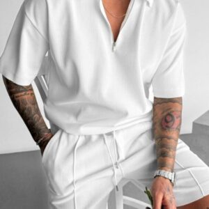 Men's Summer Zipper Polo Shirt and Drawstring Shorts Set | Casual Two-Piece Outfit