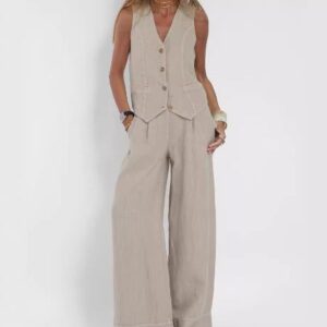 Women's Summer V-Neck Sleeveless Vest and Loose Straight Trousers Set | Casual Two-Piece Outfit
