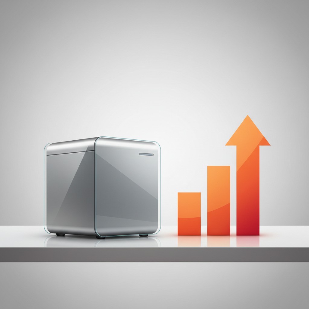 A compact Mac-style desktop computer next to a rising price chart icon