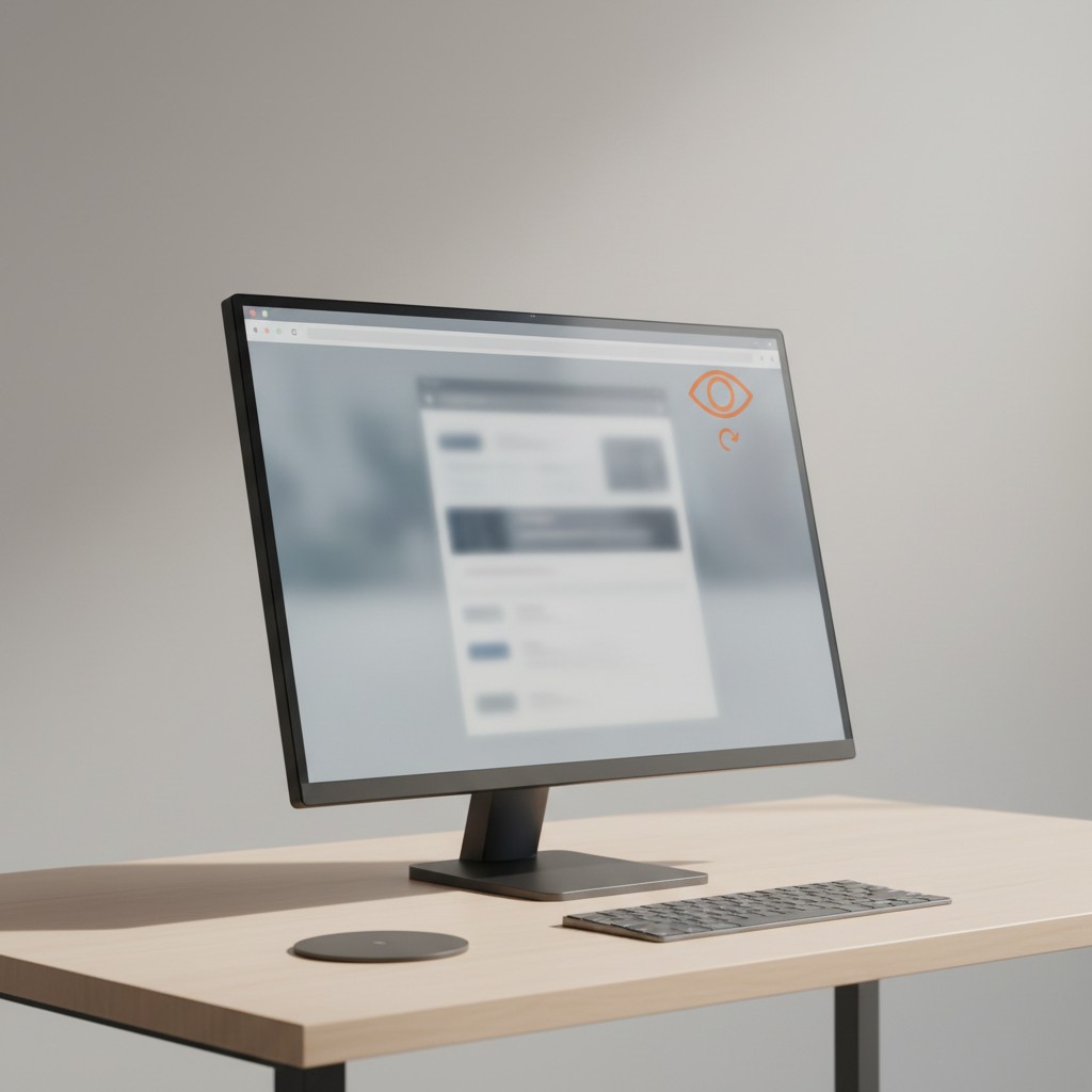 A computer monitor on a desk with a subtle privacy warning icon