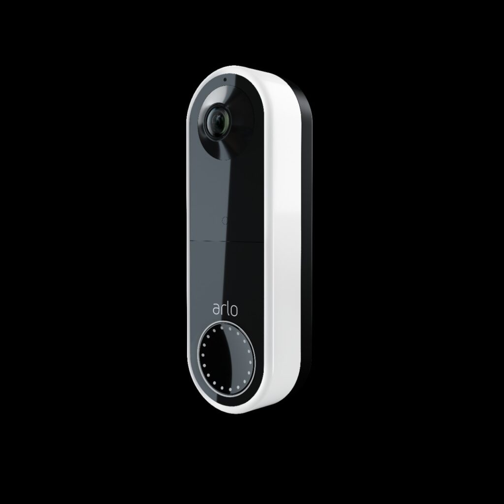A video doorbell camera mounted next to a front door