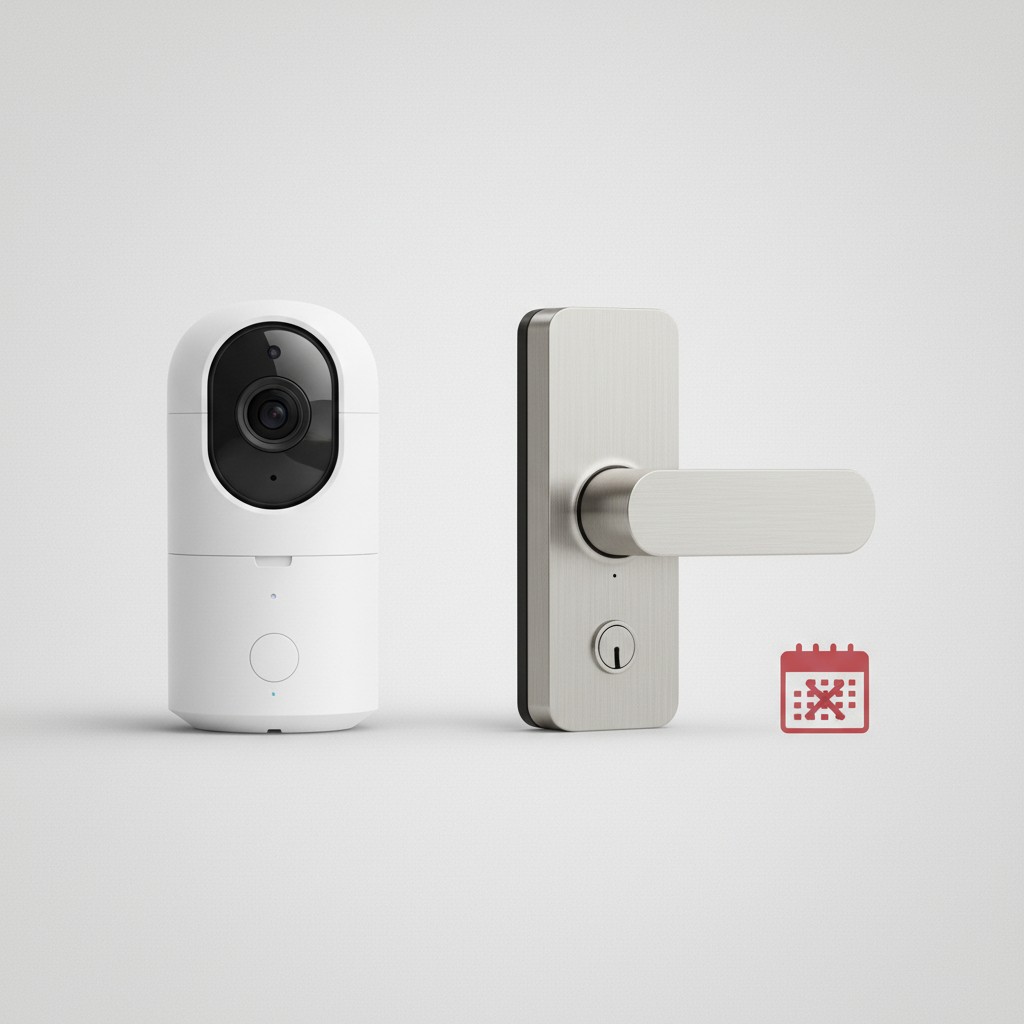 A smart security camera and smart lock displayed together as subscription-free devices