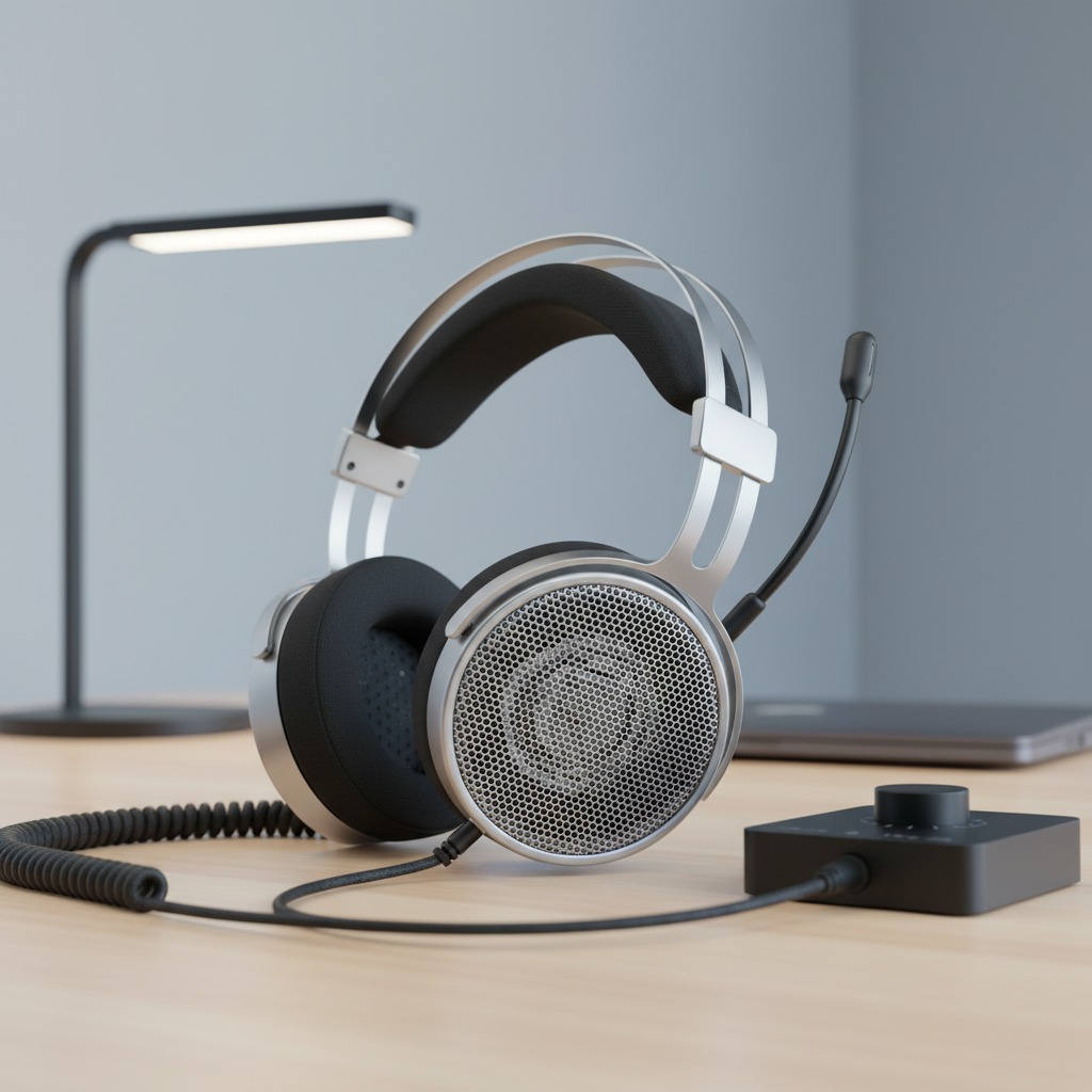 A gaming headset resting on a desk