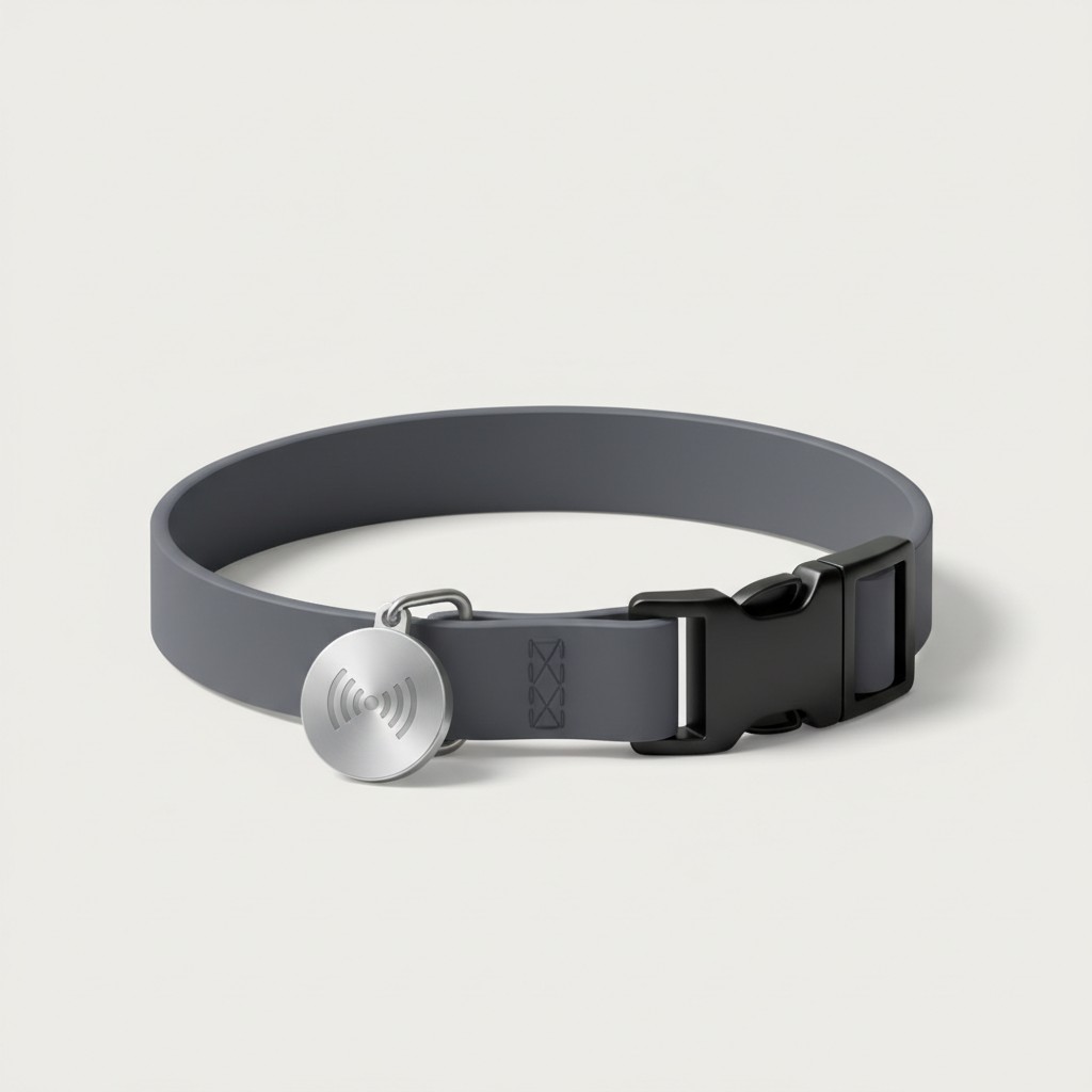A small pet collar tag with a subtle wireless signal icon