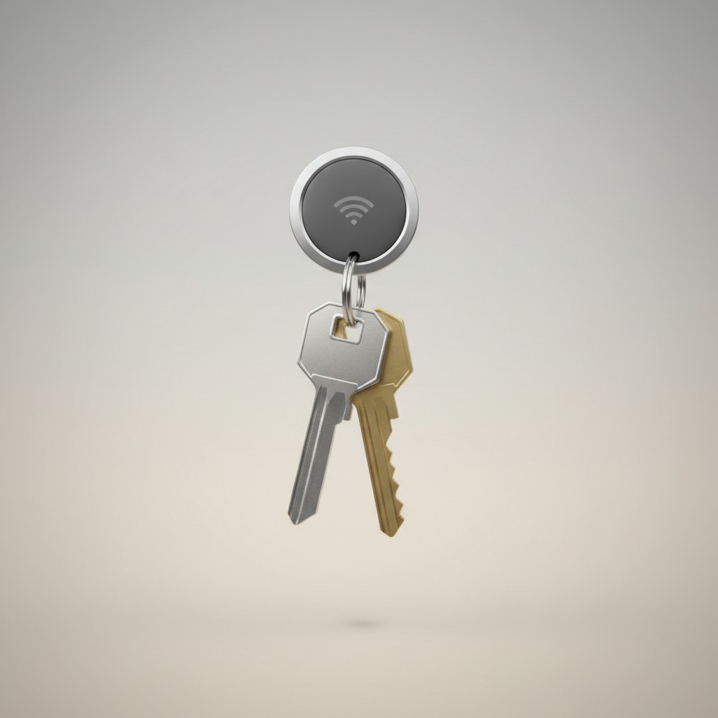A small Bluetooth item tracker clipped to a set of keys