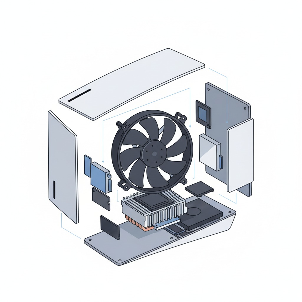 The internal cooling components of a game console