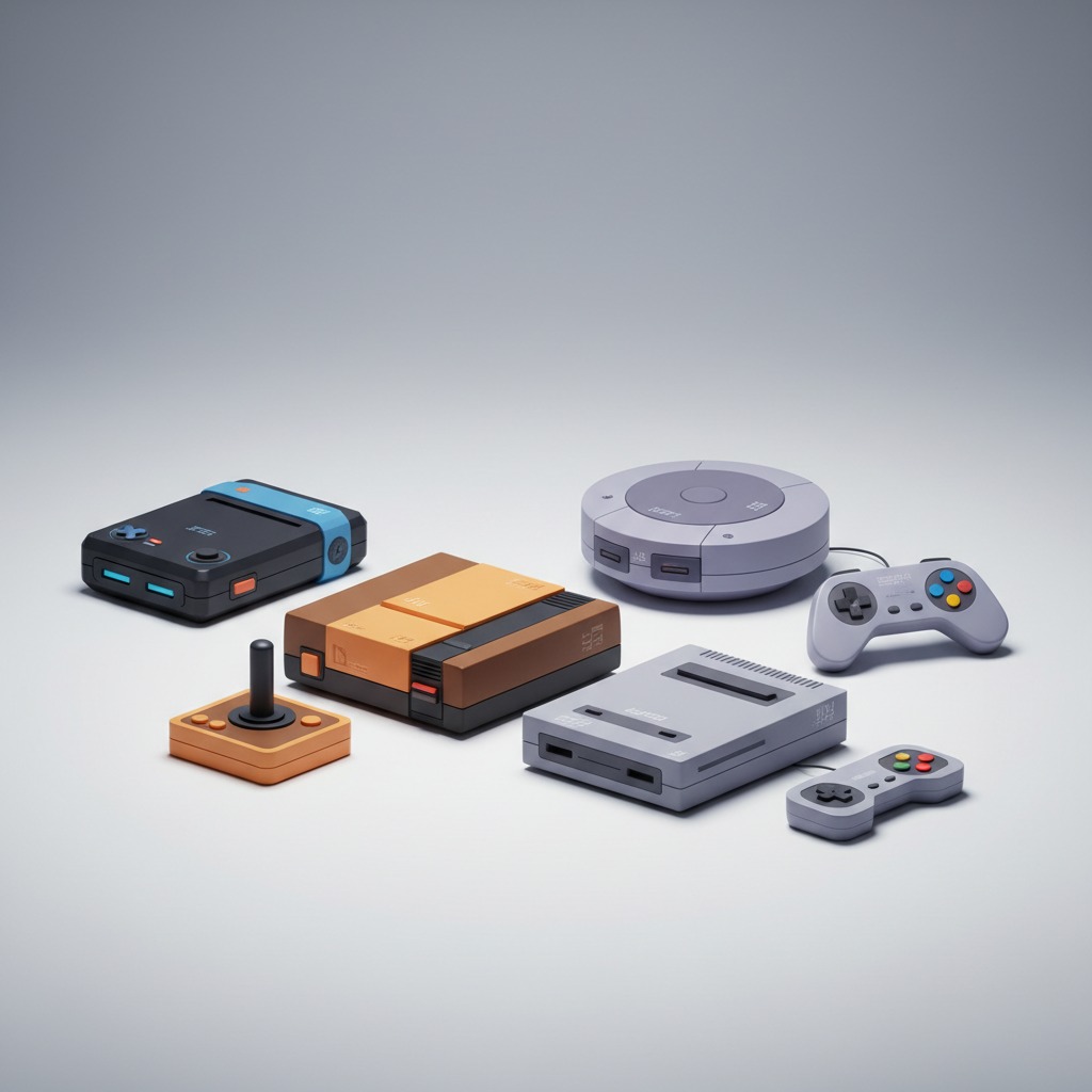 A collection of retro video game consoles from different eras