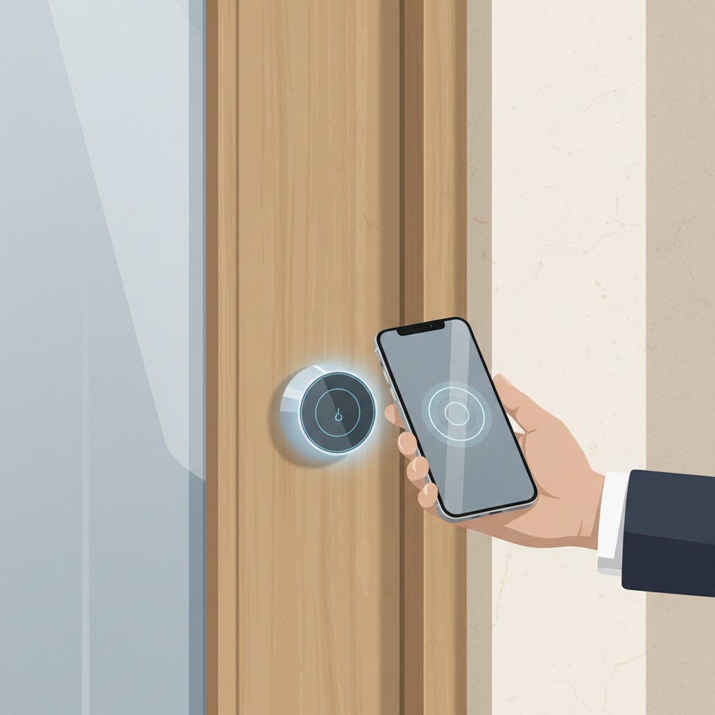 A smartphone being tapped against a modern smart door lock