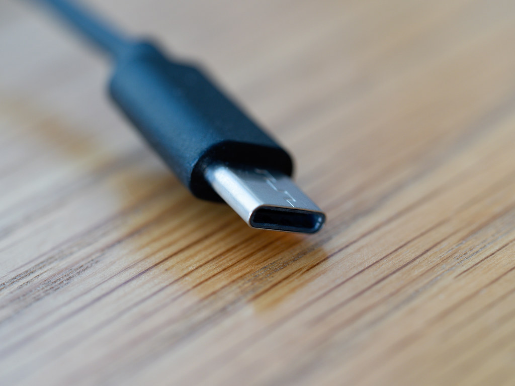 A close-up of a USB-C cable connector