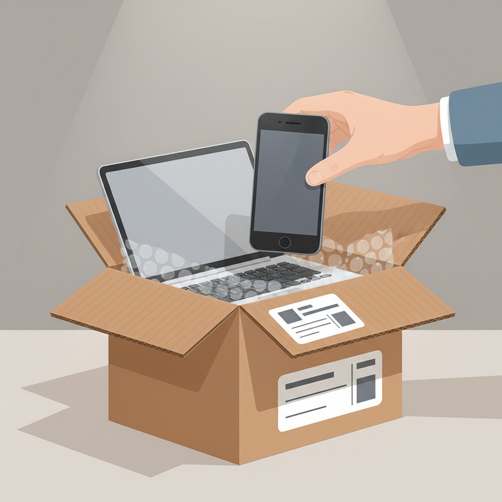 A used smartphone and laptop being packaged for resale shipping