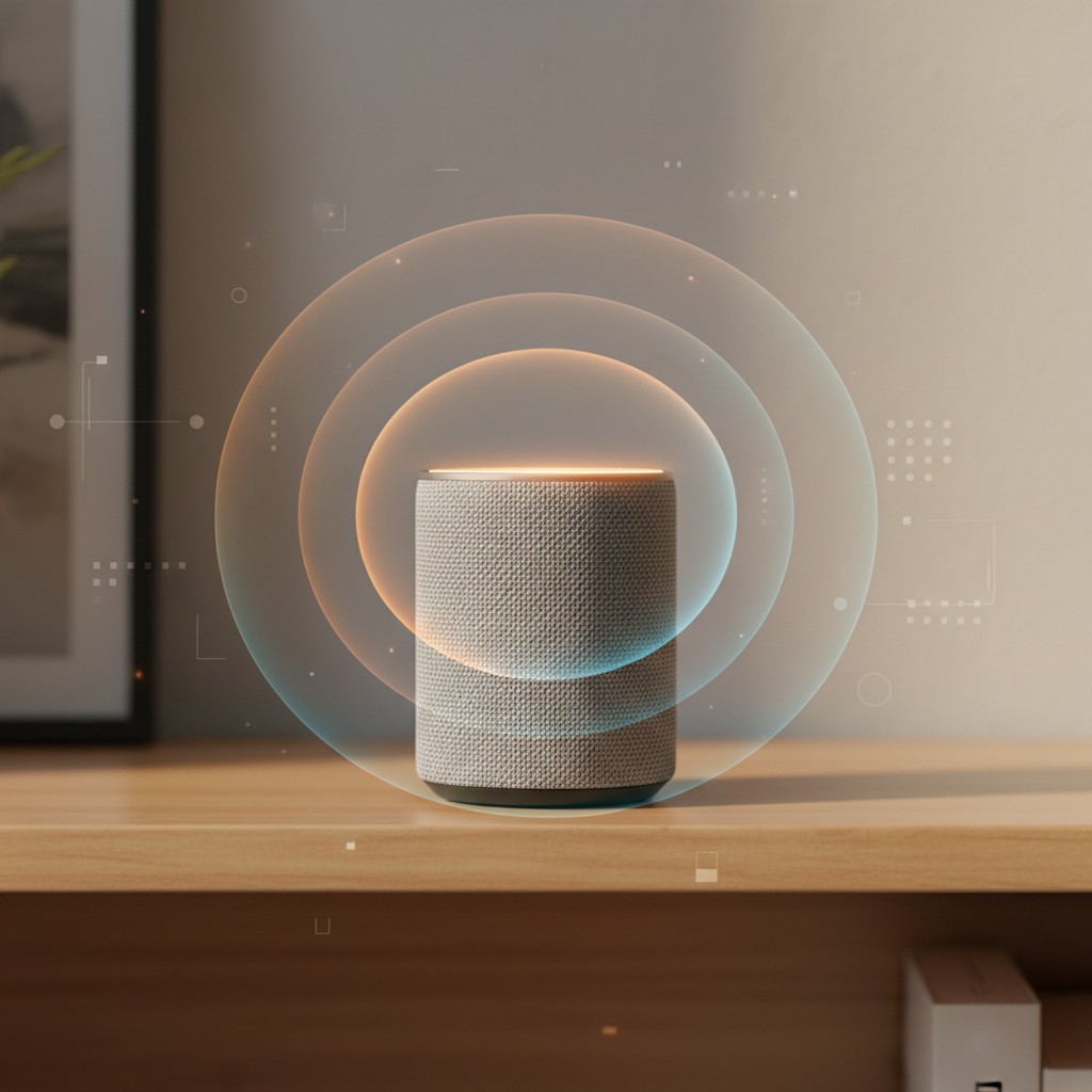 A compact smart speaker on a living room shelf, representing an affordable multi-room audio system (sonos alternatives)