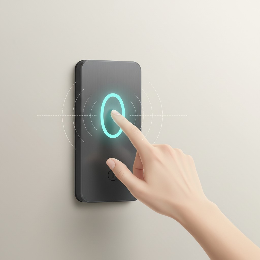 A hand hovering over a biometric smart lock panel on a front door