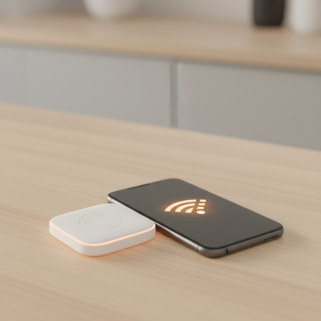 A small magnetic NFC puck device next to a smartphone, representing a physical phone app blocker (brick phone blocker)