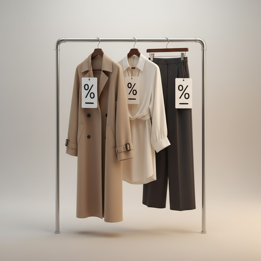 A clothing rack with sale price tags showing discount percentages (seasonal clothing sales)