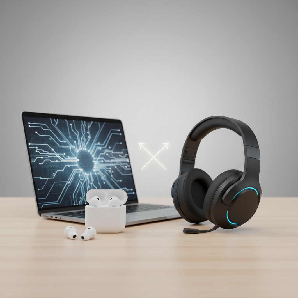 Wireless earbuds and a gaming headset side by side on a desk, representing the choice between them for hybrid work