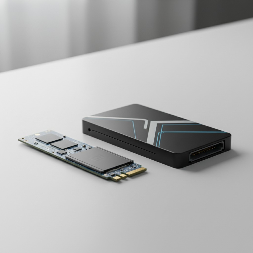 An NVMe M.2 SSD next to a 2.5-inch SATA SSD, illustrating the two internal drive form factors (nvme vs sata ssd)