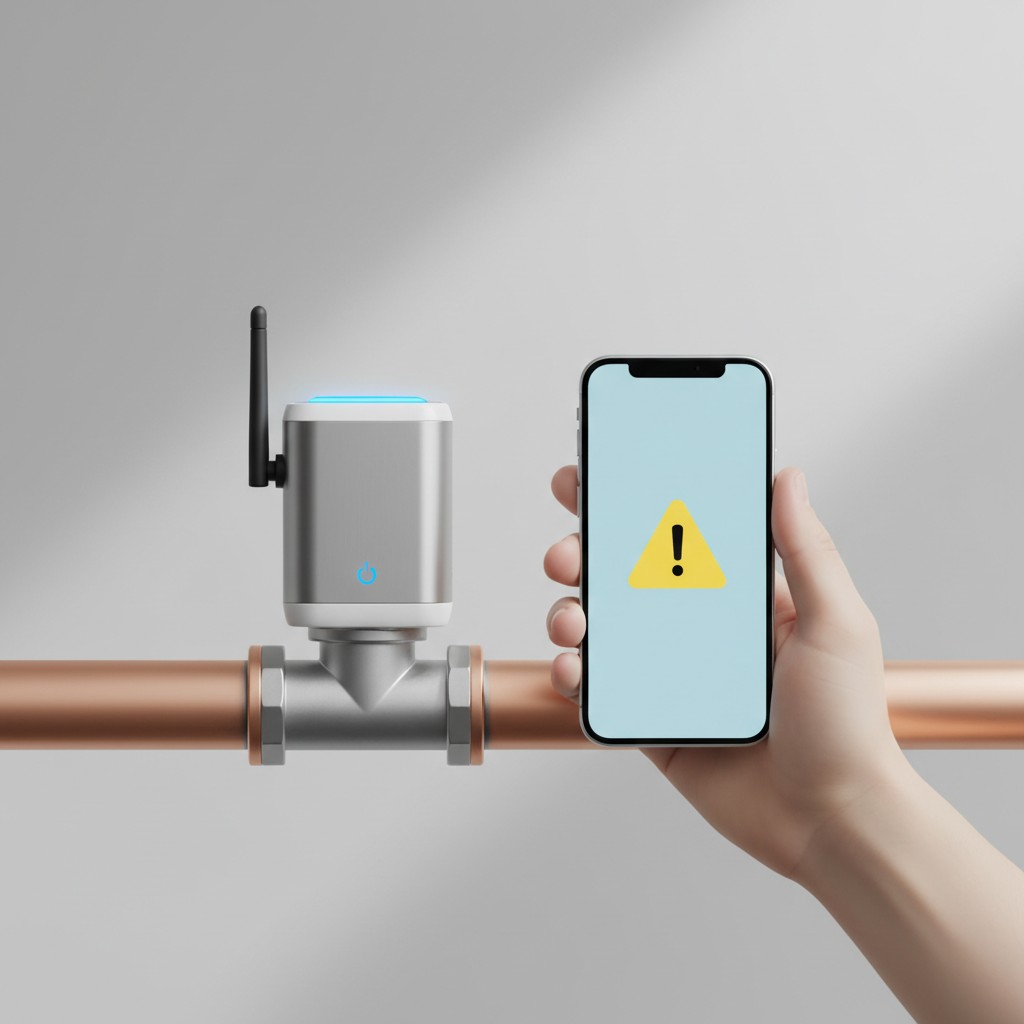 A smart water shutoff valve installed on a home's main water line, with a smartphone showing a leak alert (water leak detector)