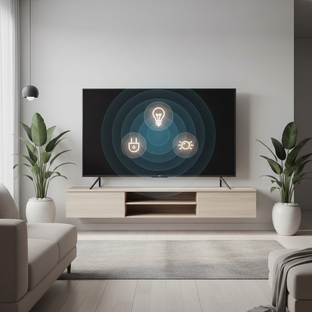 A Samsung smart TV screen showing a smart home control dashboard with connected devices (smartthings hub)