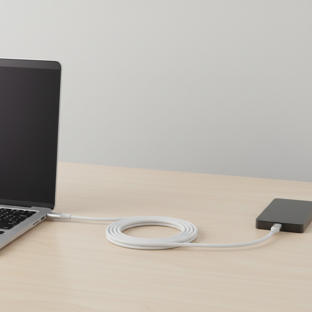 A USB extension cable connected to a laptop and peripheral device on a desk (usb extender)