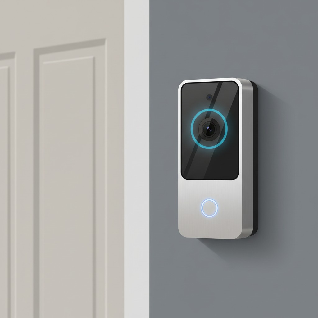 A modern video doorbell mounted beside a front door, showing a smartphone notification with AI detection