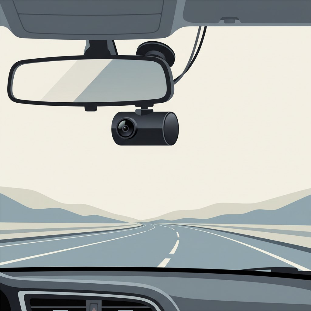 A dash cam mounted on a car windshield behind the rearview mirror