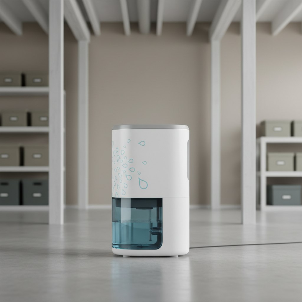 A portable dehumidifier standing in a basement room
